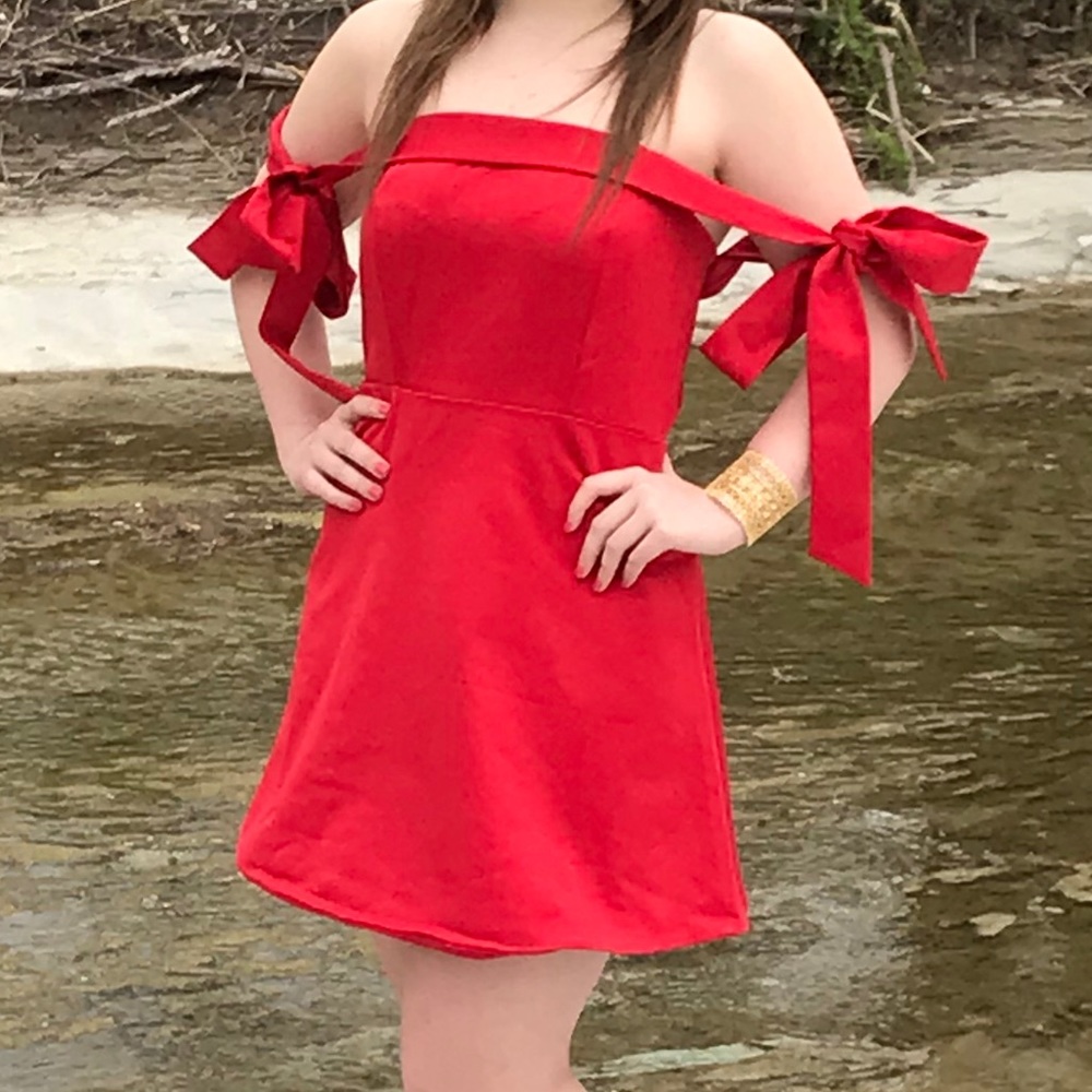 short red off the shoulder dress